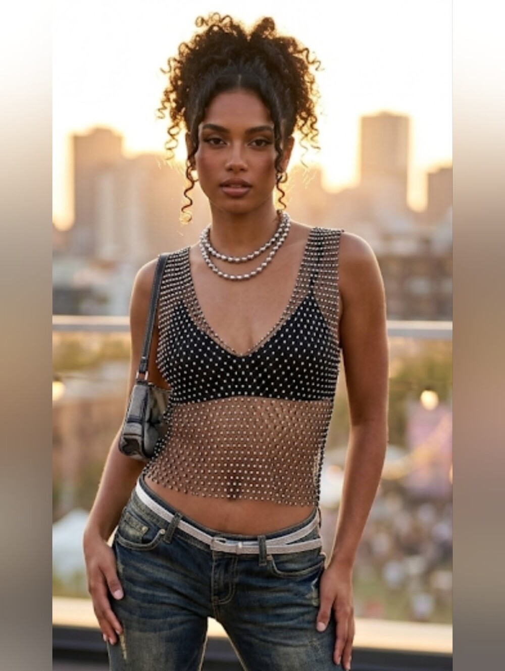 Y2K Rhinestone Mesh Crop Top Silver Sparkle Festival Party Top